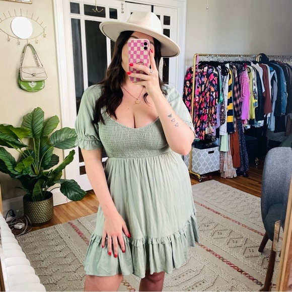 Altar'd State Sage Green Puff Sleeve Smocked Mini Dress - Picture 7 of 8